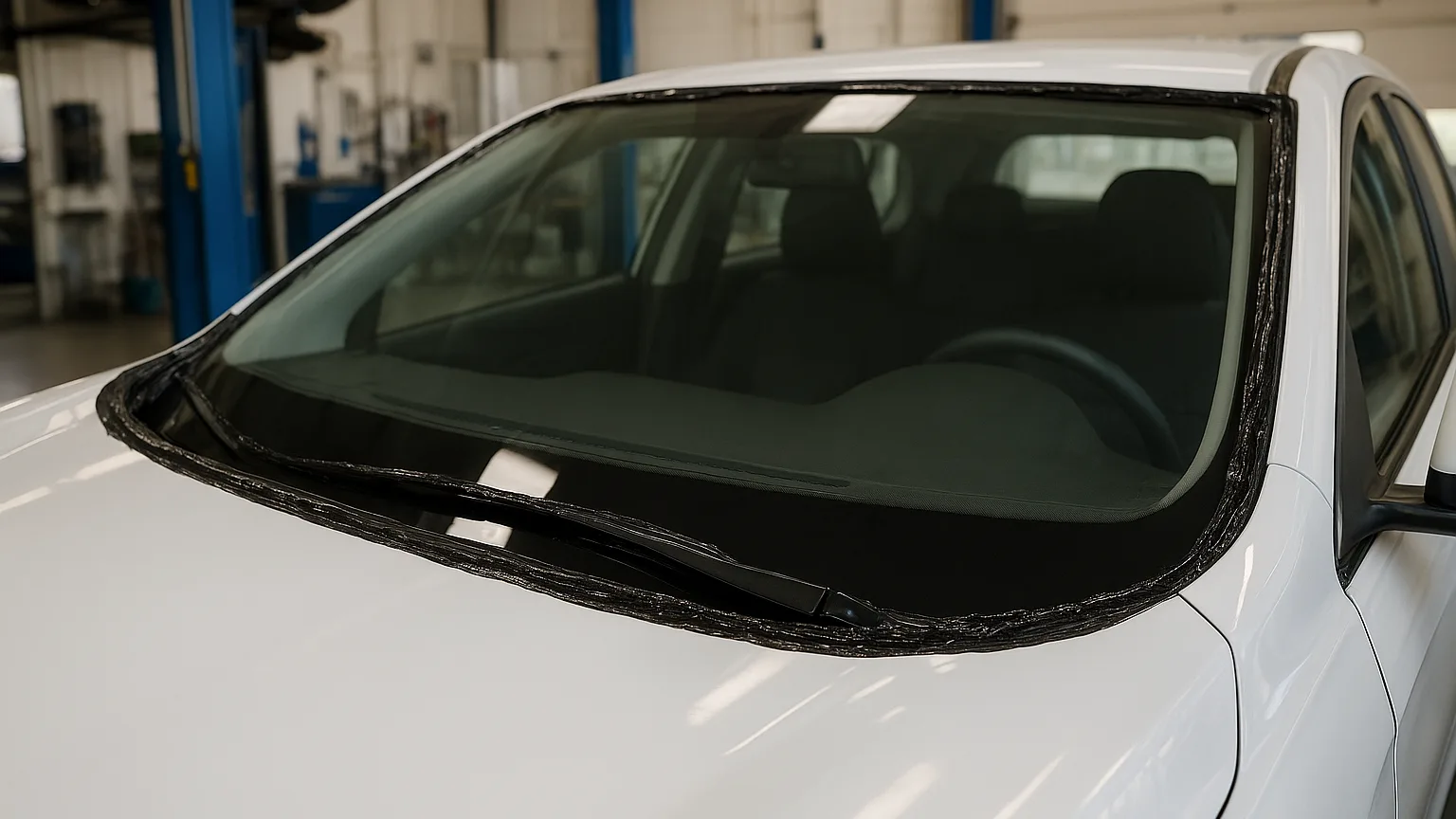 Close up of a rock chip spreading into a long crack across a windshield