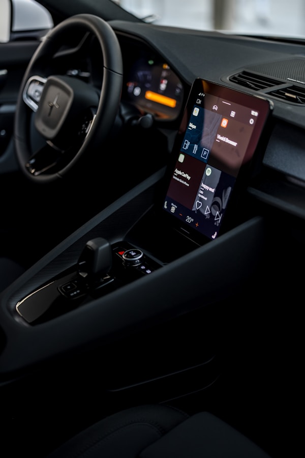 Interior of a new car showing the dashboard and center console